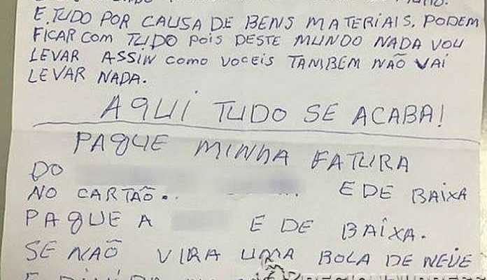 Carta escrita a mão deixada pelo aposentado Benedito de Oliveira, de 61 anos. foto: São Roque Noticias