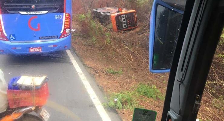 Motorista de ônibus perde controle do veículo e tomba para fora da rodovia BR-135, em Redenção do Gurgueia, no Piauí — Foto: Reprodução.